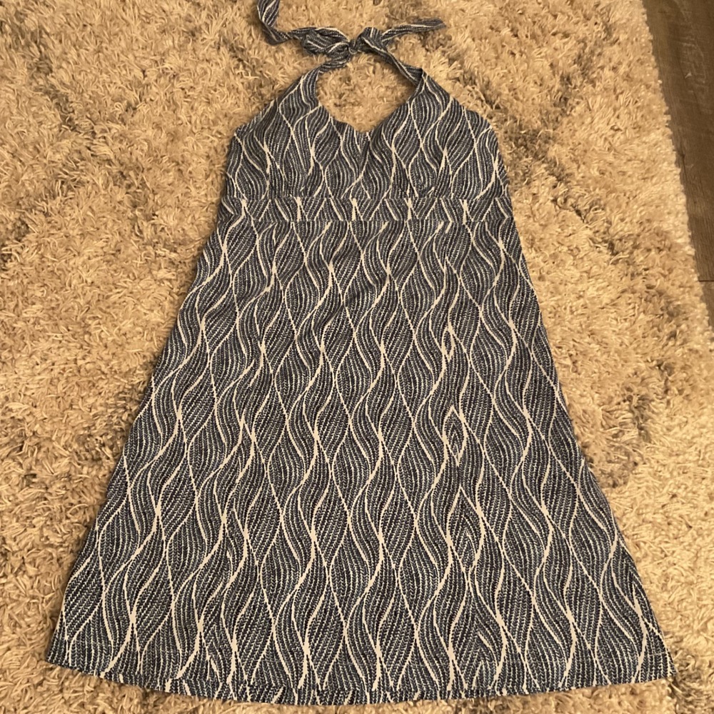 Krimson Klover Blue White Wavy Leaf Print Halter Mini Dress‎ Womens Medium